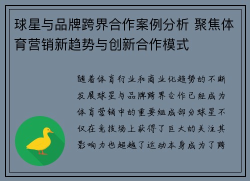 球星与品牌跨界合作案例分析 聚焦体育营销新趋势与创新合作模式